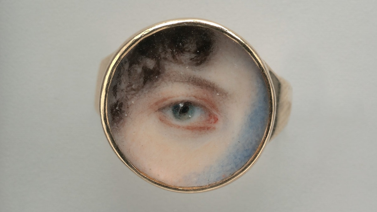 A watercolor painting of an eye on an ivory ring, by Edward Greene Malbone.