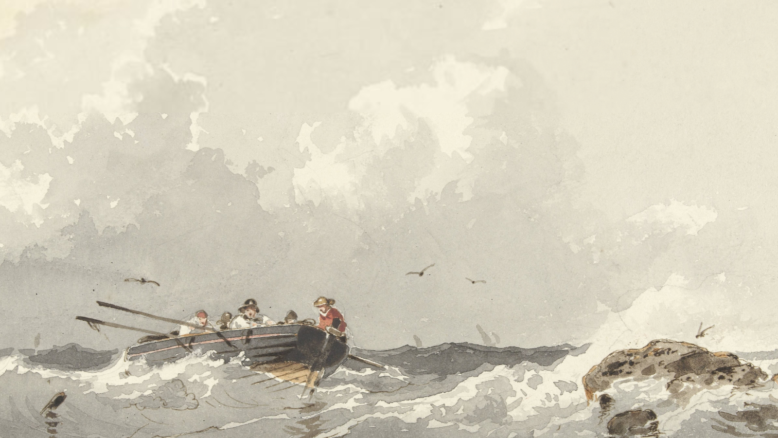 A 19th-century watercolor painting of a rowboat at sea by Frans Arnold Breuhaus de Groot.