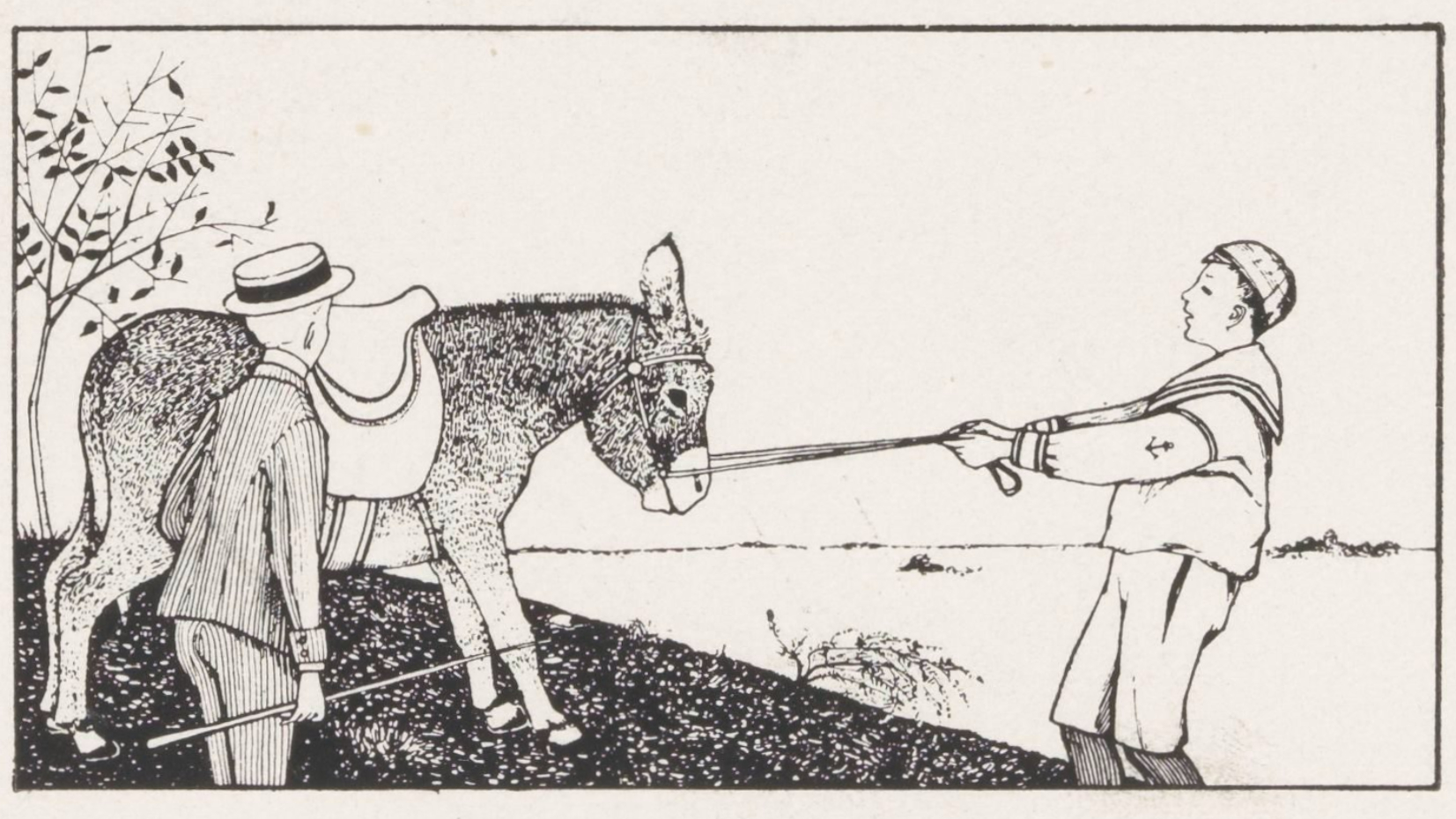 A 20th-century print of two boys and a donkey by Julie de Geluk.