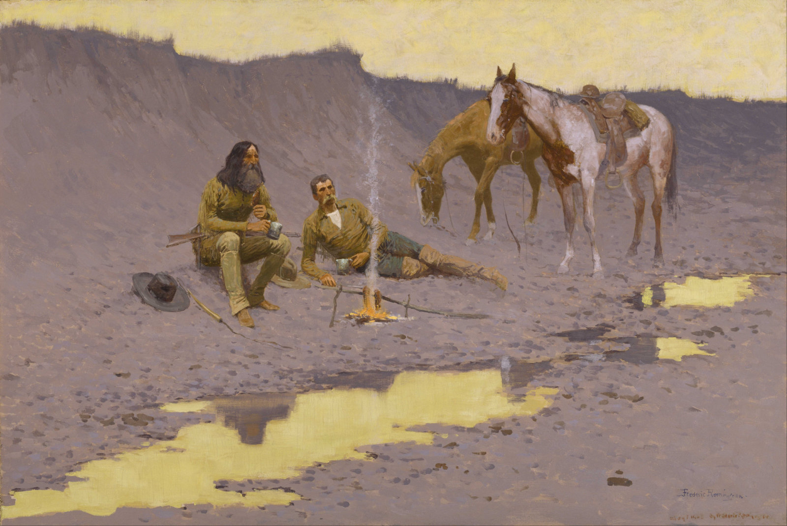 A painting by Frederic Remington of two cowboys and their horses at a small fire.