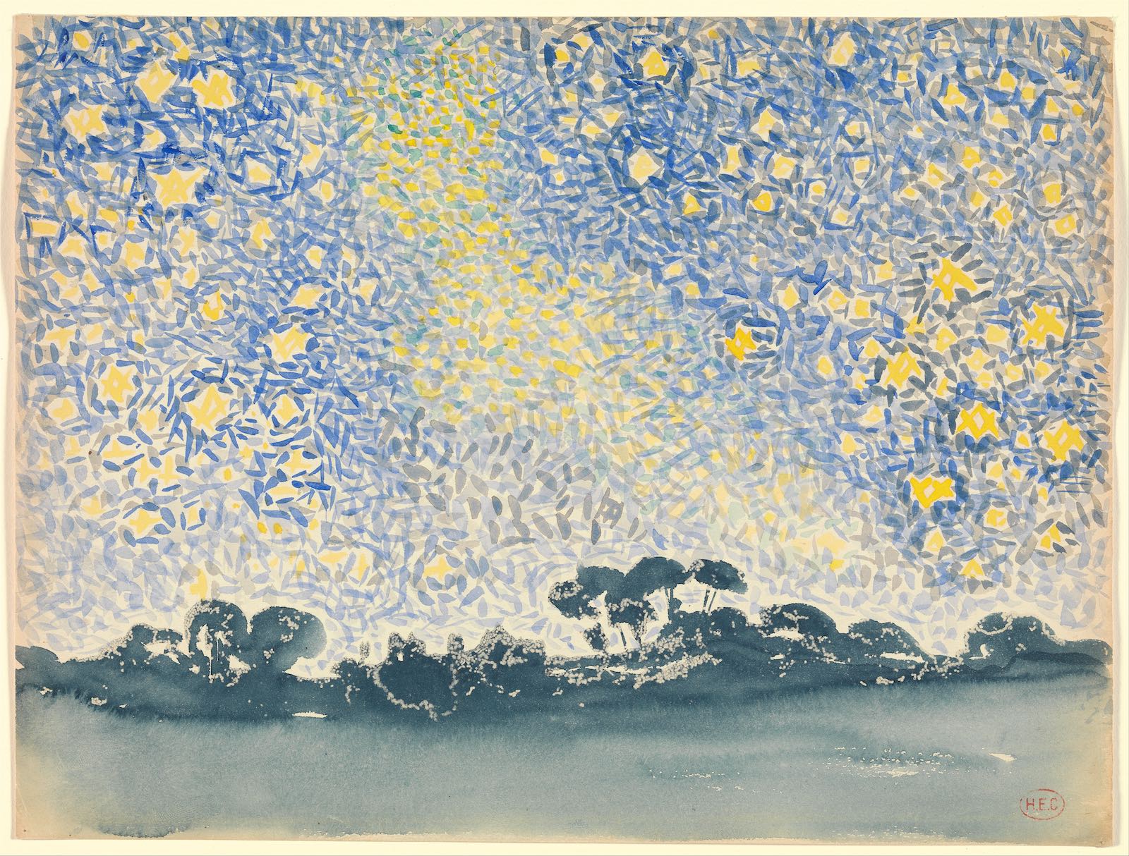 A watercolor painting of a blue night sky with large yellow stars.