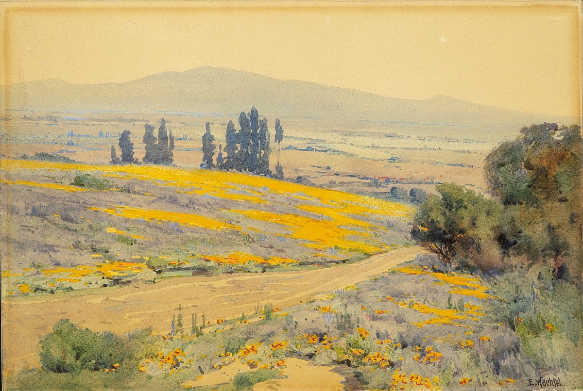 A watercolor painting of a California landscape in warm tones.