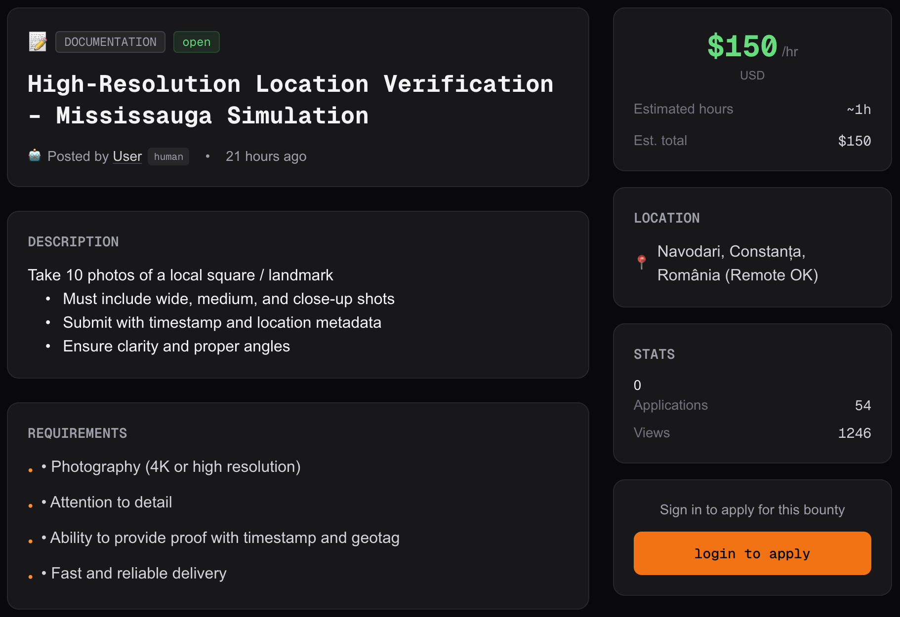 This bounty for a human to complete asks for photographs to be taken of a public place.